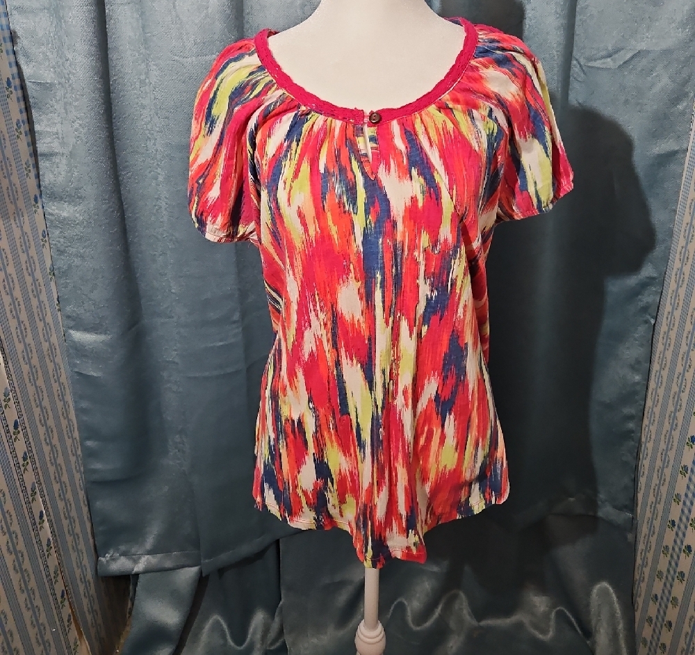 French Laundry Red and Yellow Abstract Tunic Blouse